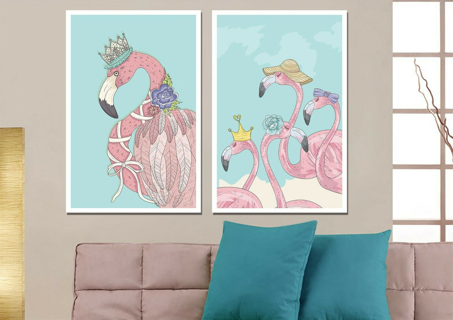 Flamingo with Crown Hat Flower Framed Canvas Print Abstract Wall Art Watercolor