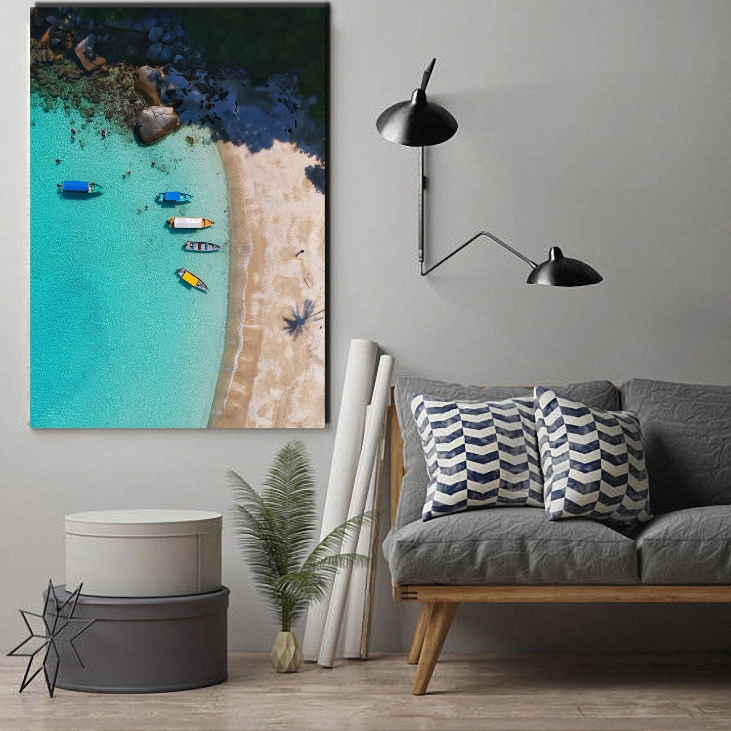 Framed Beach Wave Canvas Aerial View Ocean Print Wall Art Blue Boat White Beach