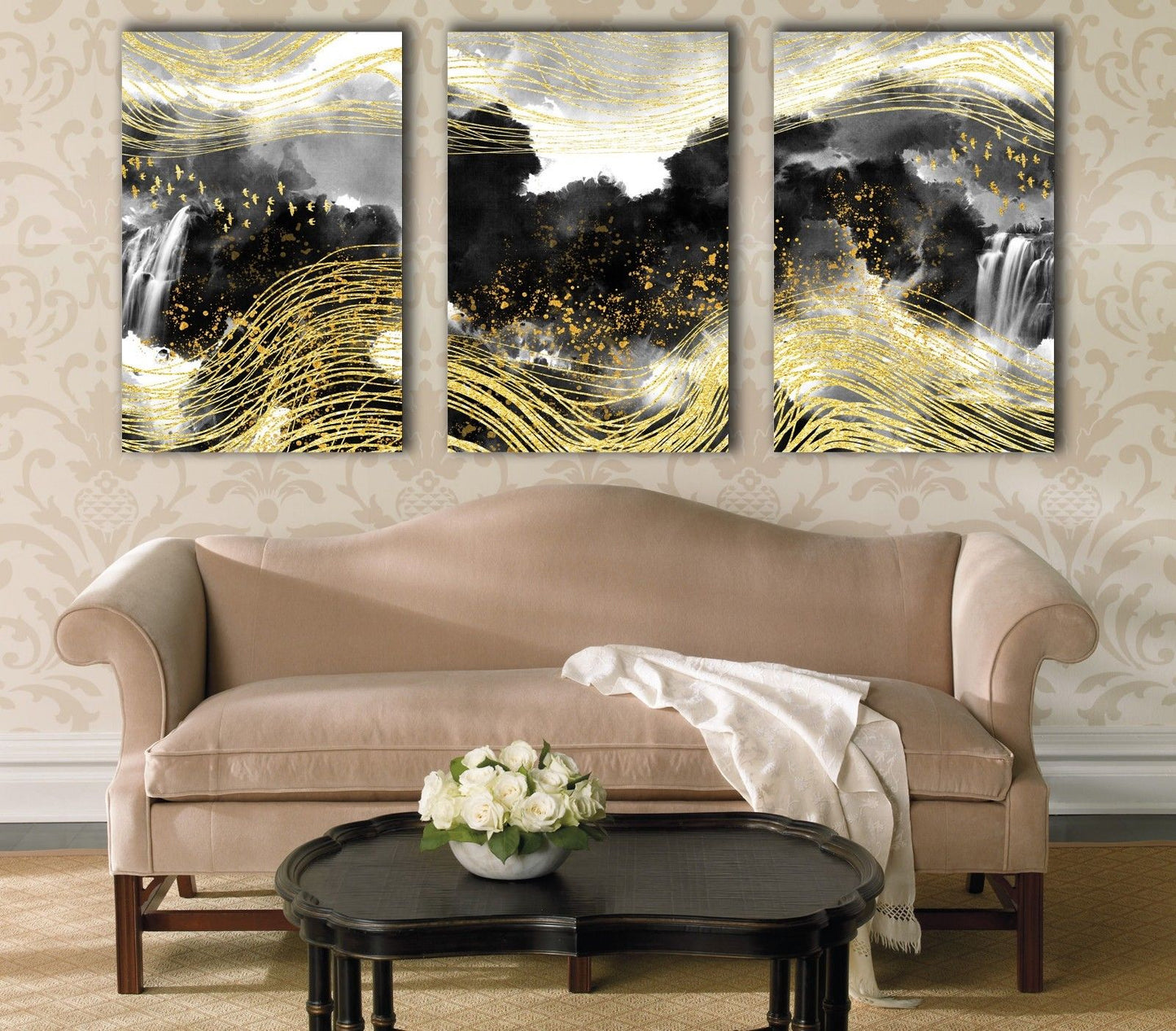 Abstract Gold Line Bird Waterfall Framed Canvas Ink Painting Modern Wall Art