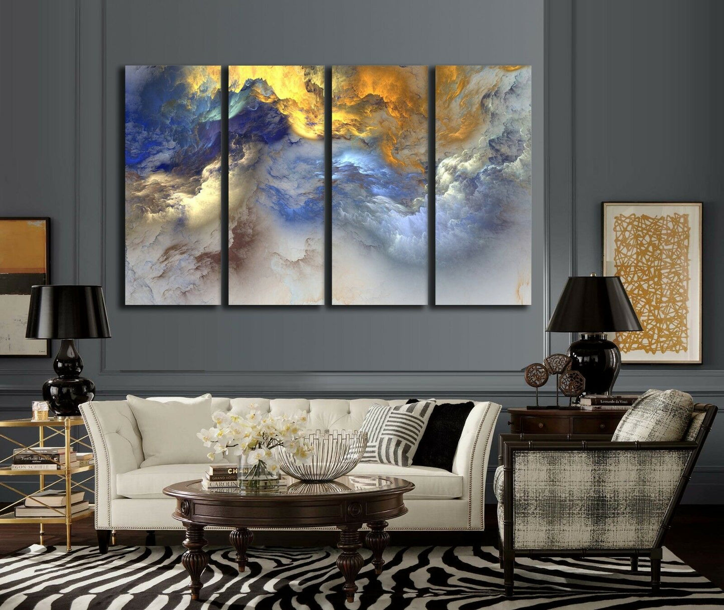 Abstract Blue Gold Cloud Split Framed Canvas Large Size Printing Wall Art