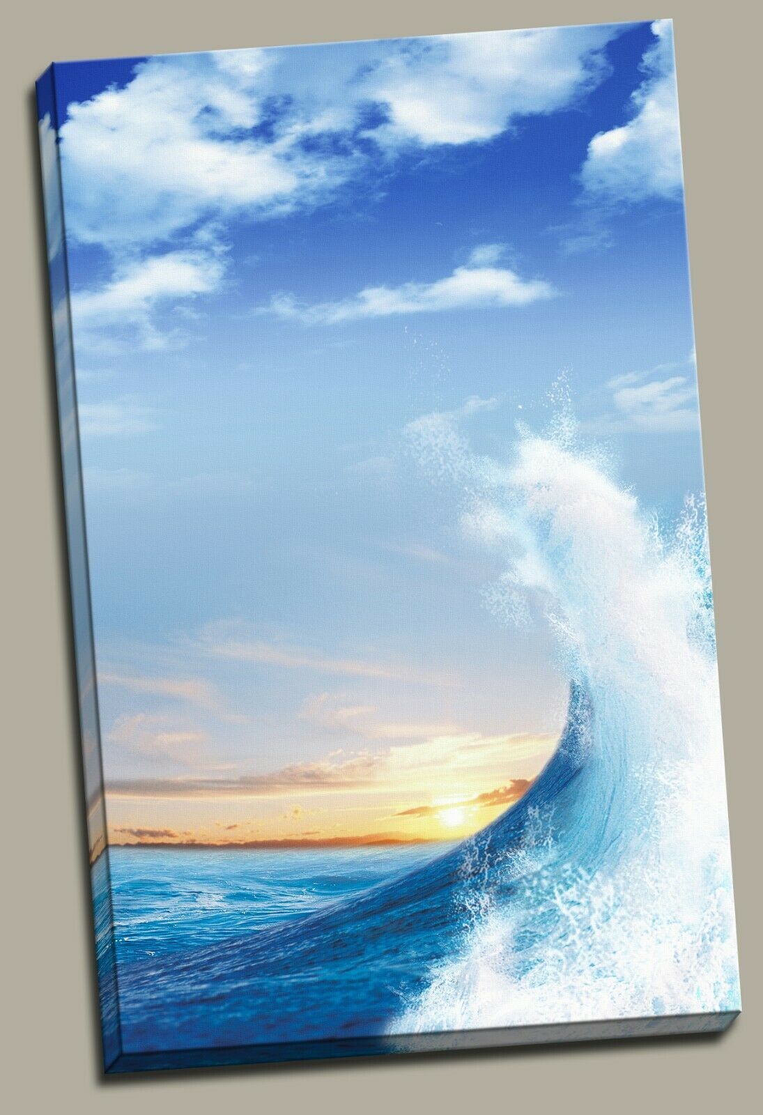 Framed Sun Rise Wave Swell Canvas Beach Ocean Print Wall Art Blue Wave White