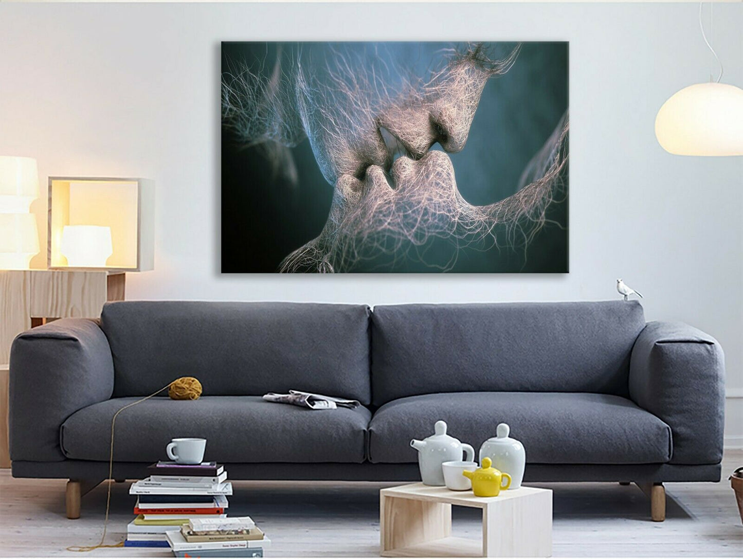 Abstract Blue Love Kiss Canvas Framed Modern Art Ready to Hang Wall Prints