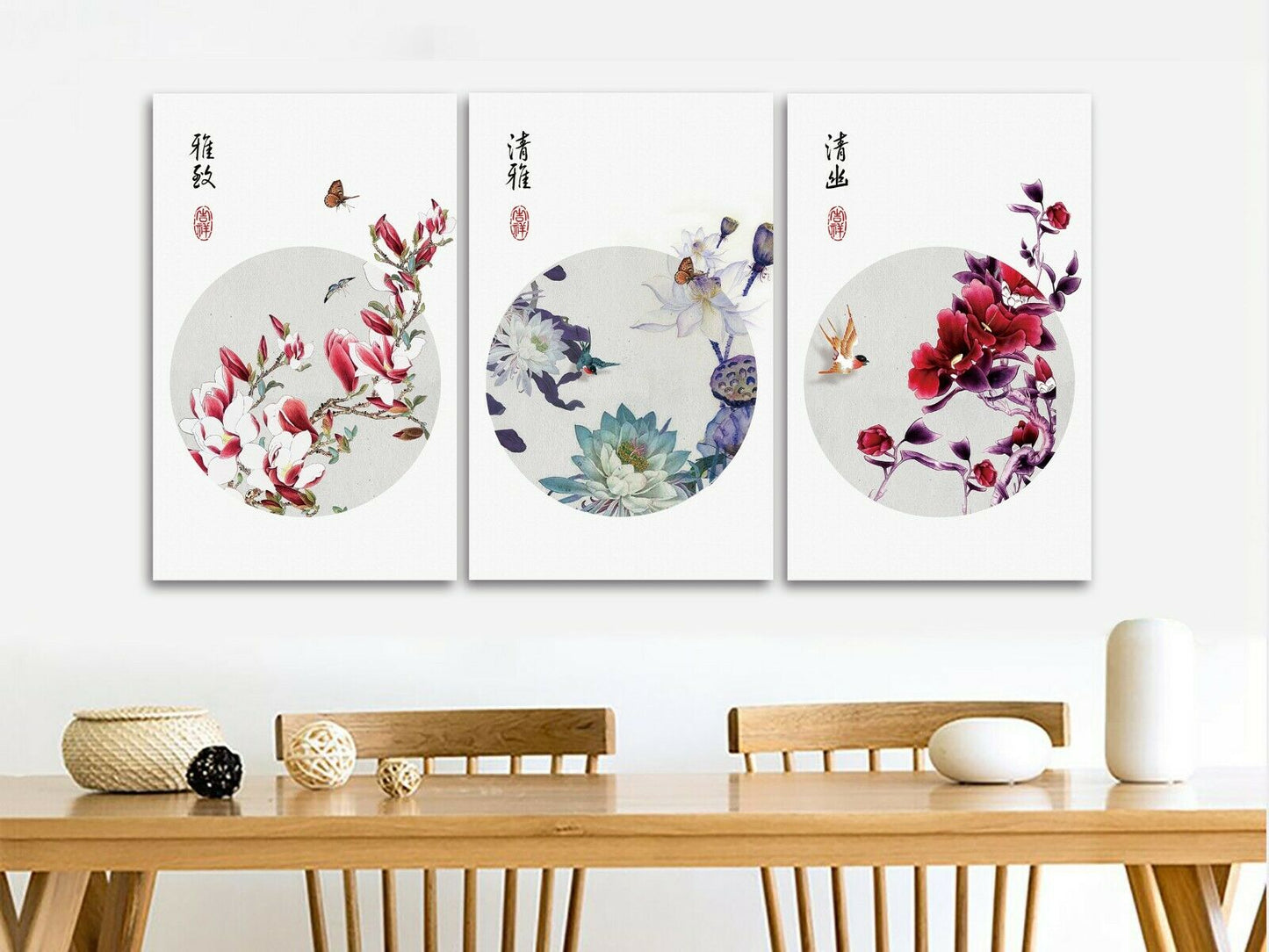 Neo-Chinese Style Framed Canvas Prints Birds Flowers Butterfly Art Home Decor