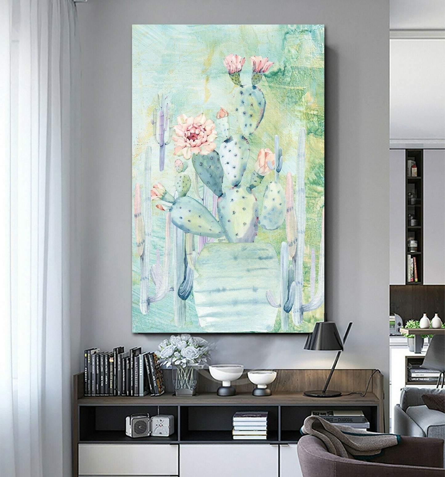 Cactus flower watercolor Framed canvas Stretched Printed abstract print wallart