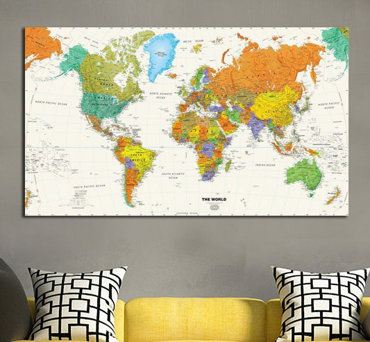 Vintage World Map Stretched Framed Canvas Prints Wall Art Home Office Decor