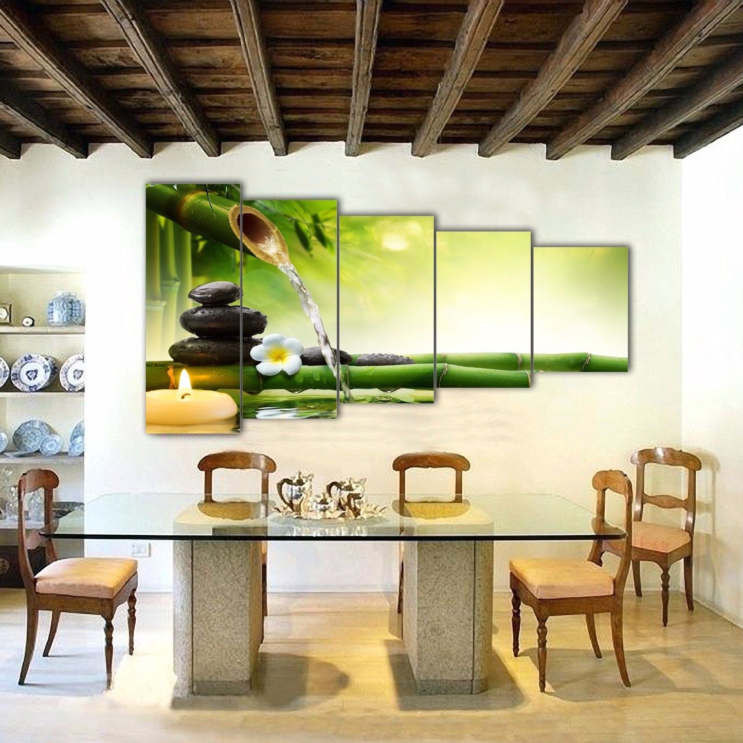 Zen Canvas Flower Frangipani bamboo fountain water stone