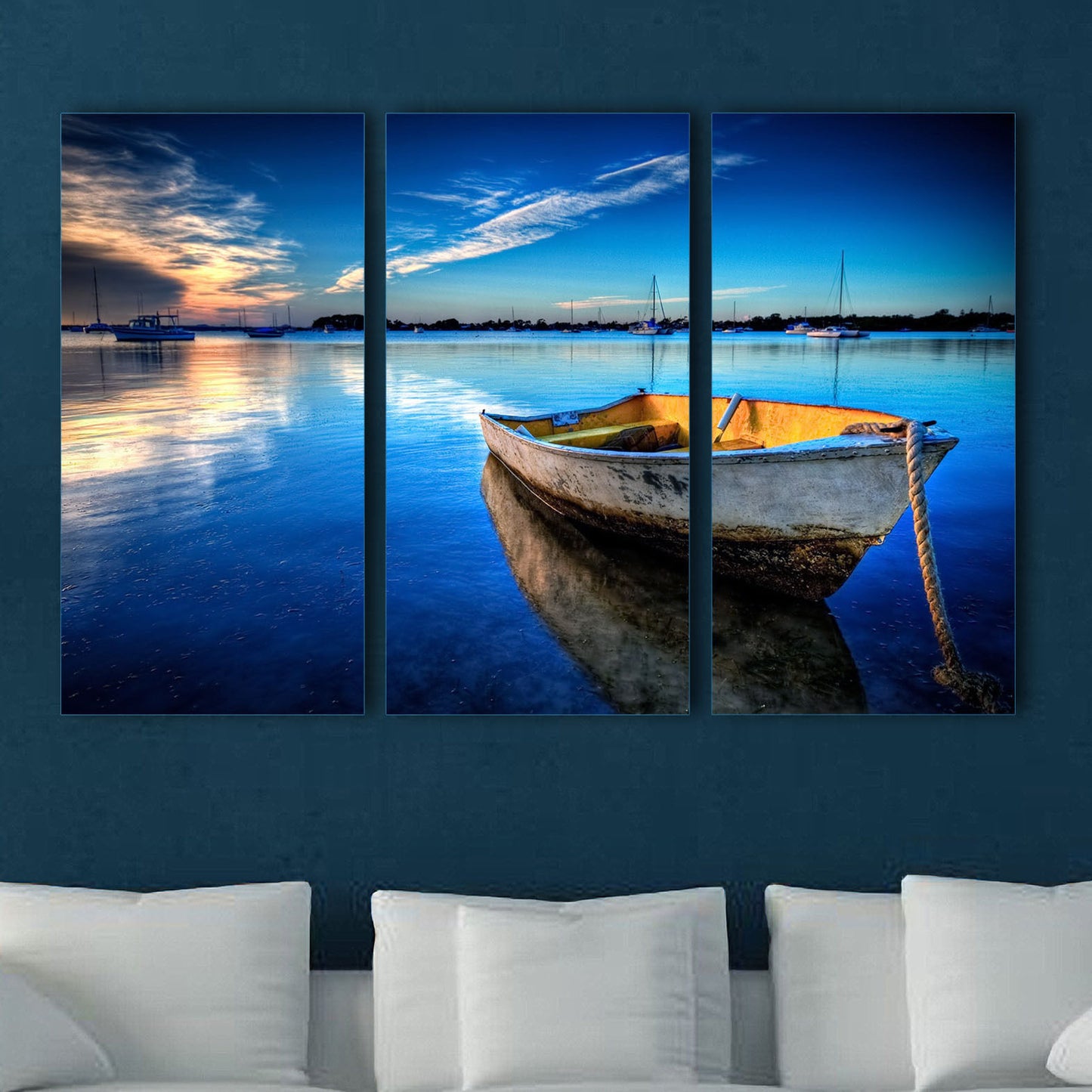 Stretched Framed canvas prints Split printing seascape blue boat time-lapse art