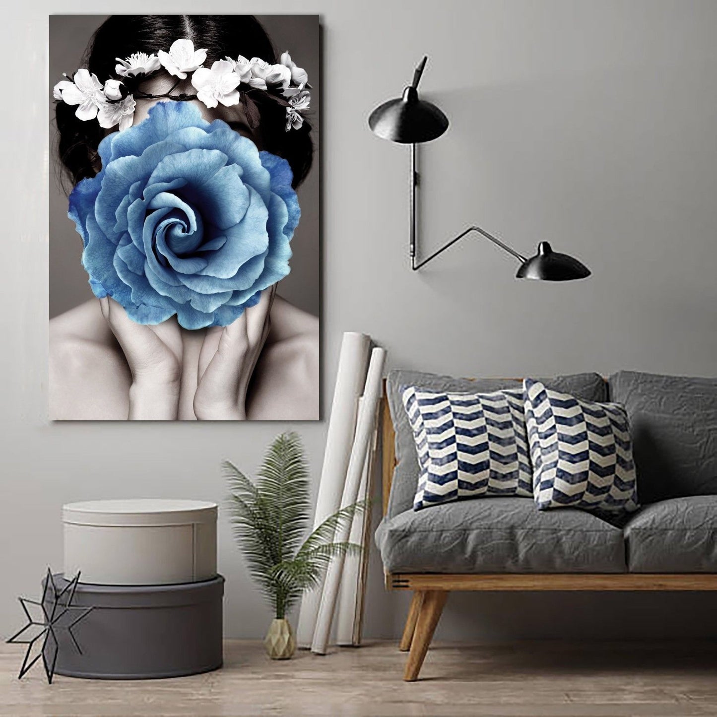 Blue Flower Face Framed Canvas Wall Art Print Abstract Wall Prints