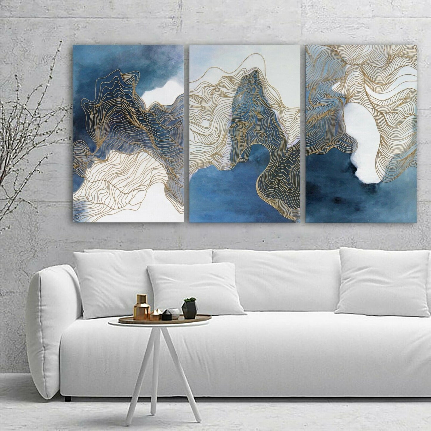 Abstract Blue Grey Gold Framed Canvas Prints Modern Wall Art Home Decor Print