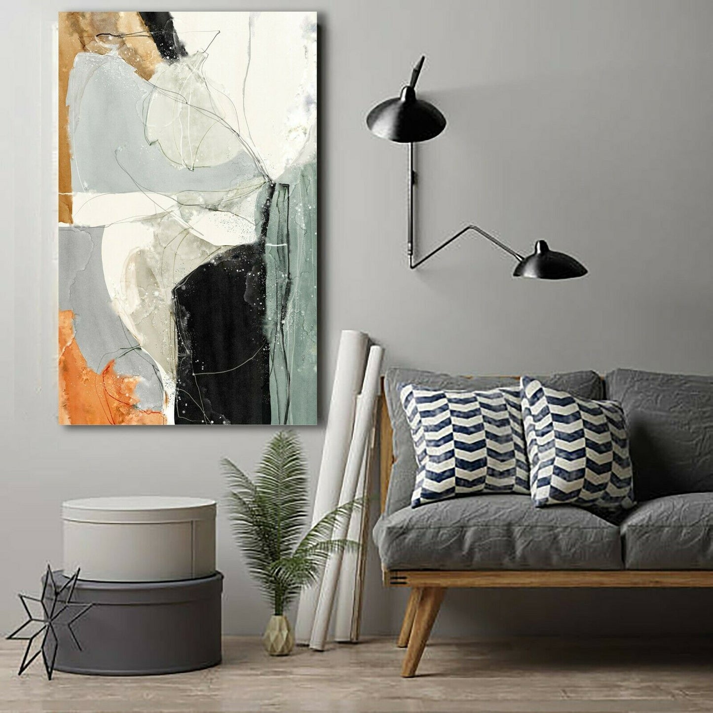 Abstract Orange Grey Framed Canvas Wall Art Print Ready to Hang Watercolor paint