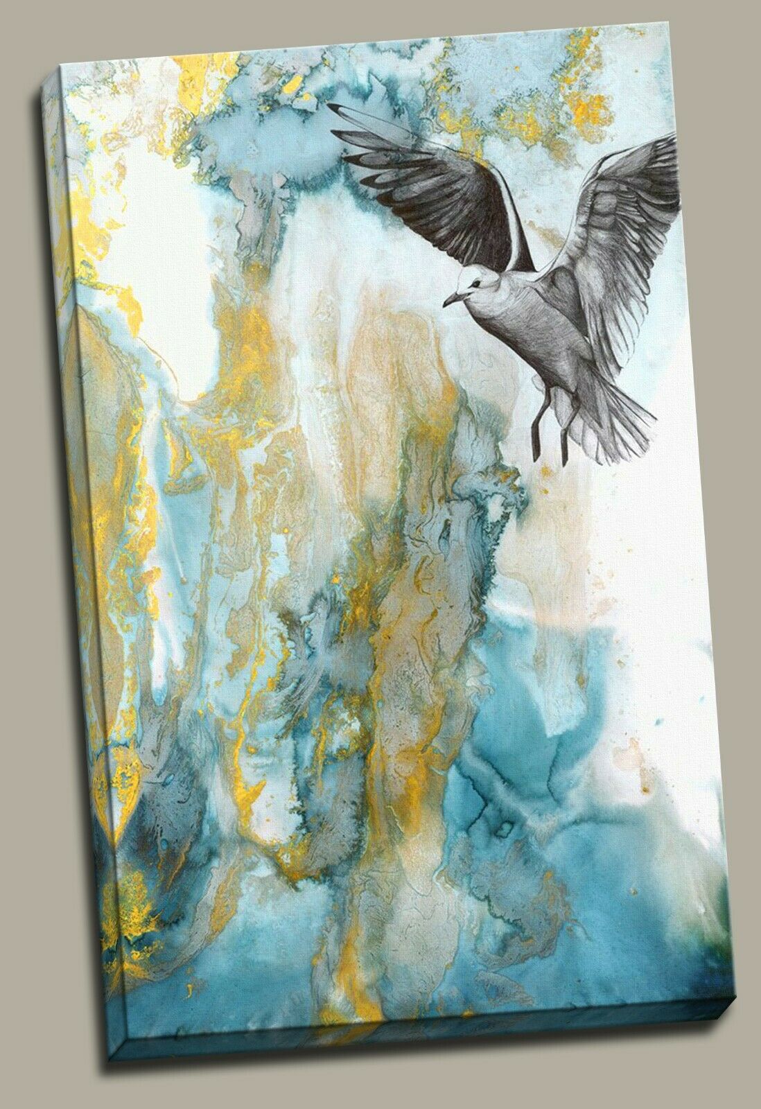 Abstract Blue Yellow Framed Canvas Wall Art Print Pigeon Watercolor Wall Prints