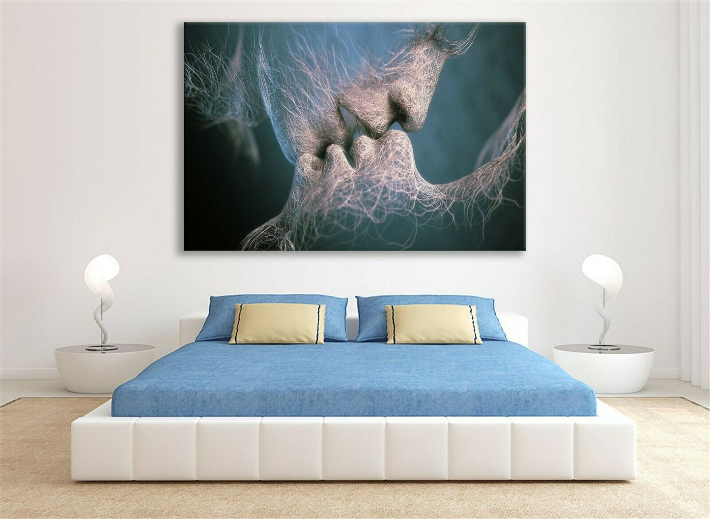 Abstract Blue Love Kiss Canvas Framed Modern Art Ready to Hang Wall Prints