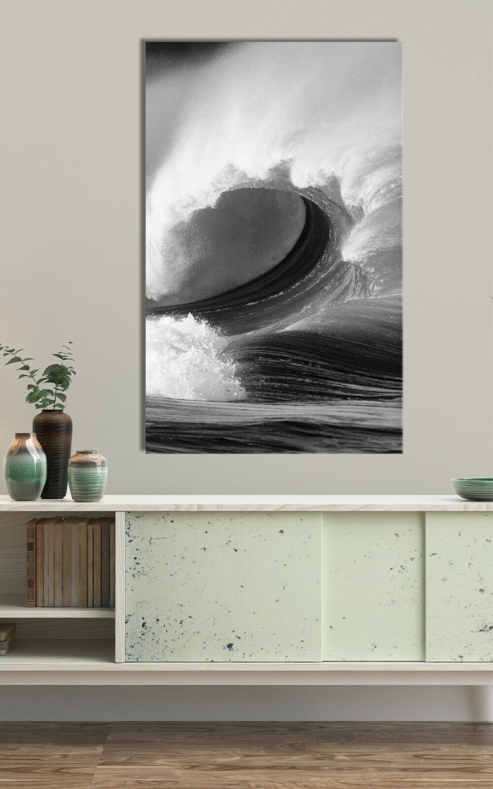 Black & White Sea Wave Vertical Framed Canvas Print Wall Art Blue prints photo