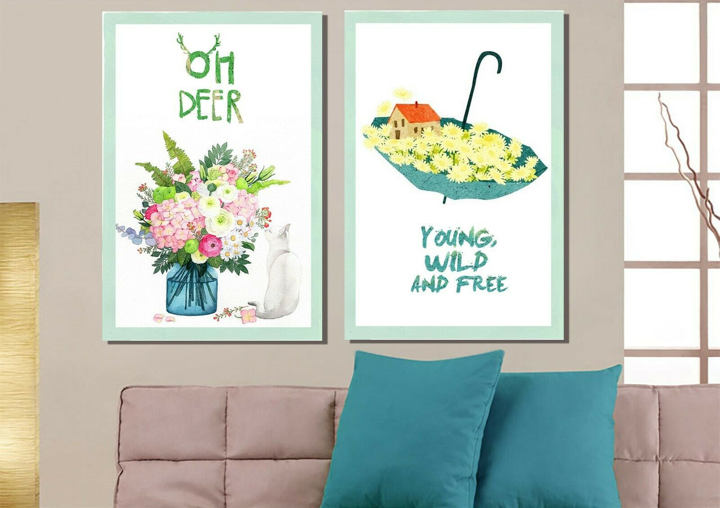 Oh Deer Young Wile Free Flowers Framed Canvas Print Abstract Wall Art Watercolor