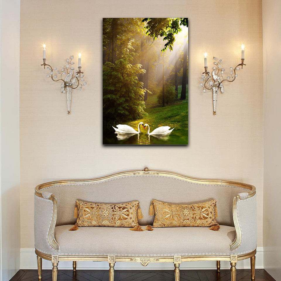 Forest Lake SWANS Stretched Pictures Canvas water reflection home art wall deco