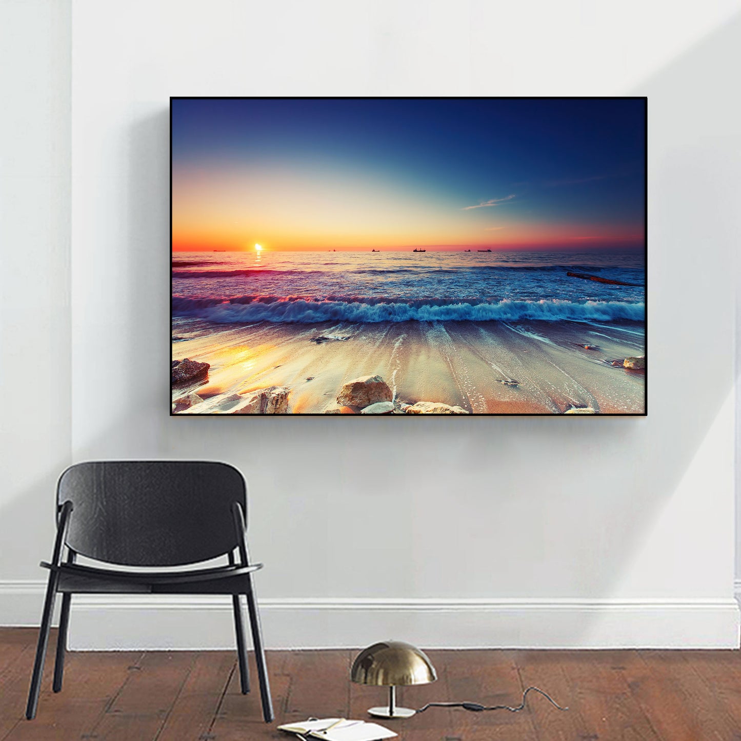 Framed Canvas prints Ocean Sunset sundown Beach view ocean orange wave wall art