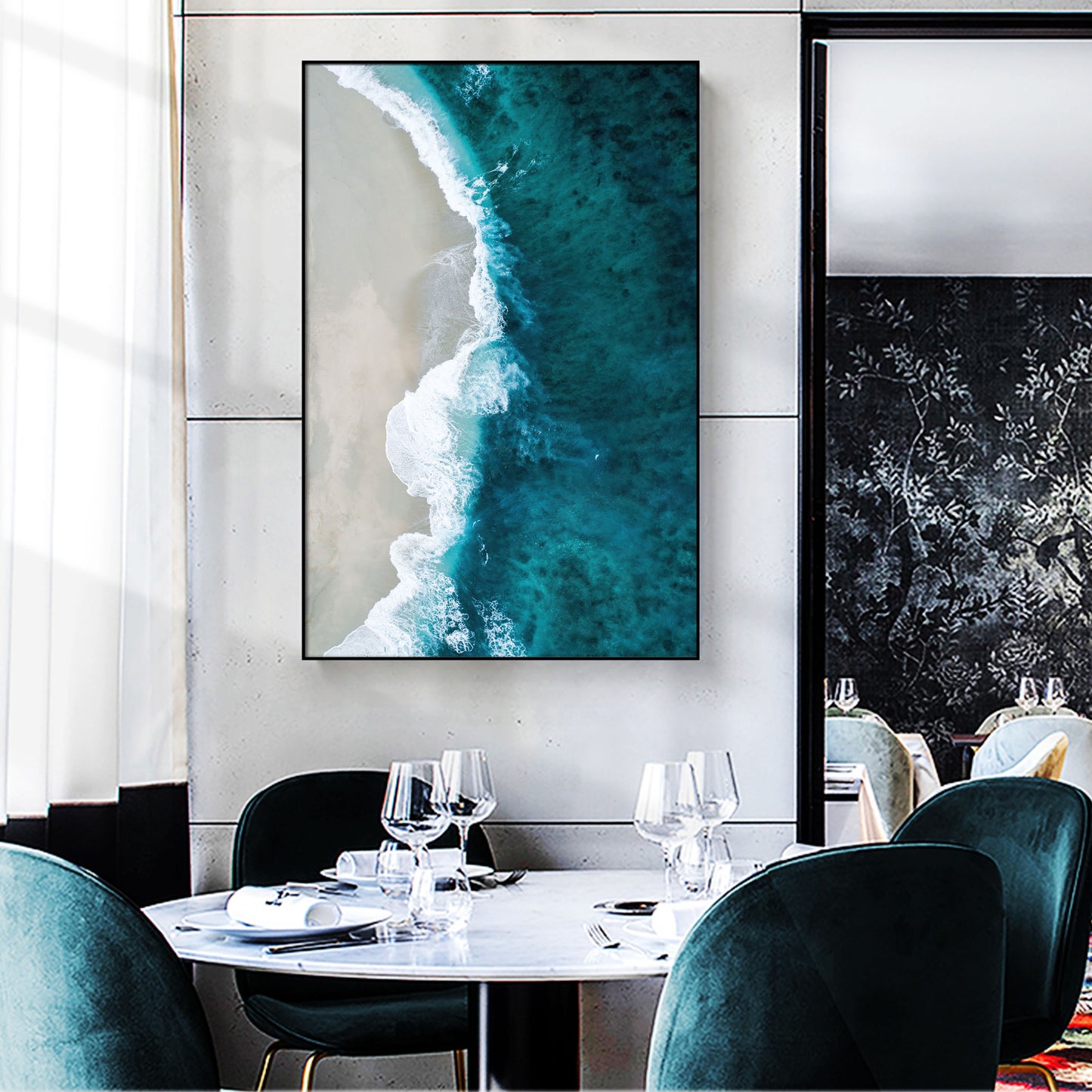 Framed Beach Wave Canvas Aerial View Ocean Print Wall Art Blue Wave White Beach