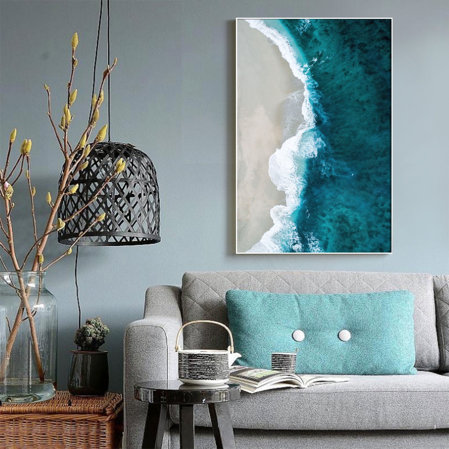 Framed Beach Wave Canvas Aerial View Ocean Print Wall Art Blue Wave White Beach