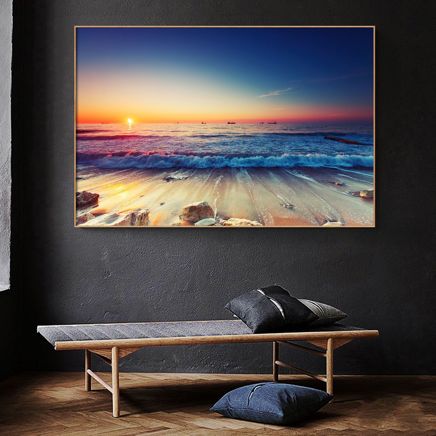 Framed Canvas prints Ocean Sunset sundown Beach view ocean orange wave wall art