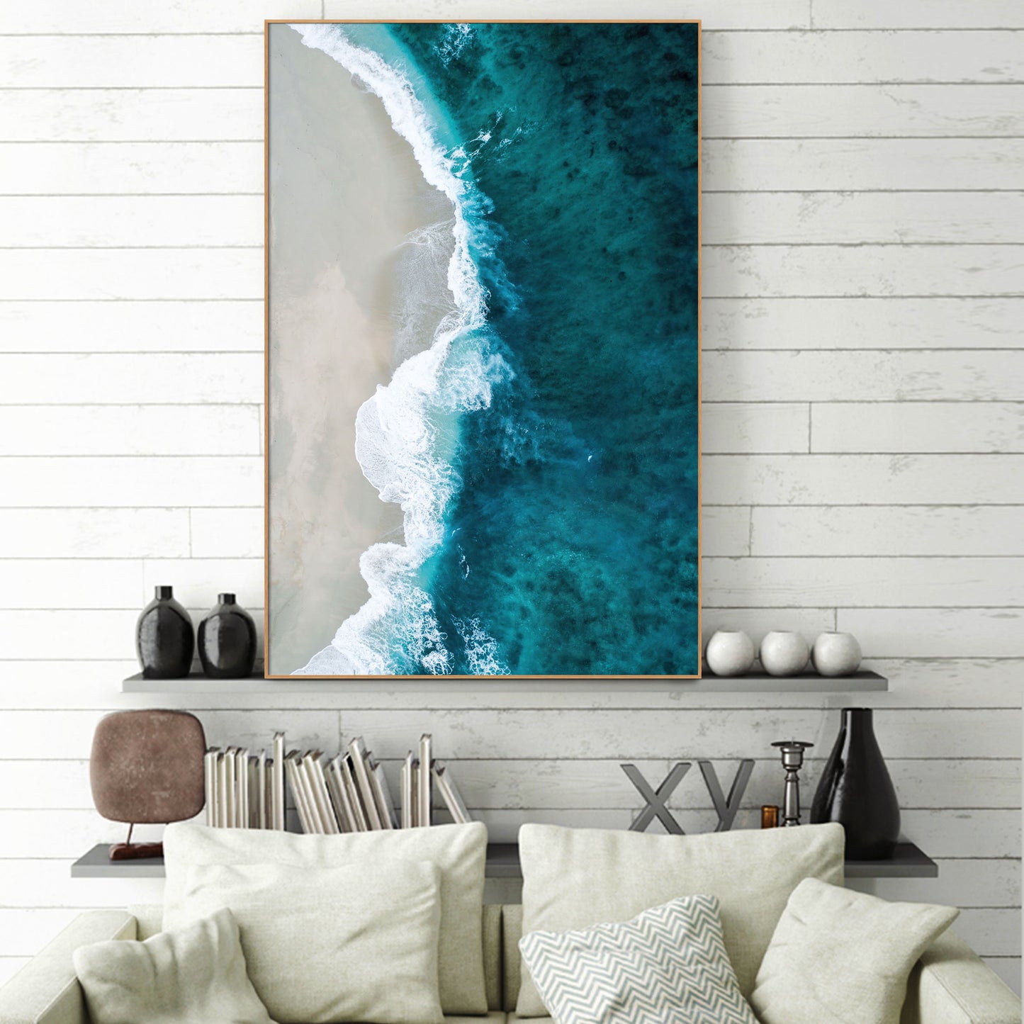 Framed Beach Wave Canvas Aerial View Ocean Print Wall Art Blue Wave White Beach