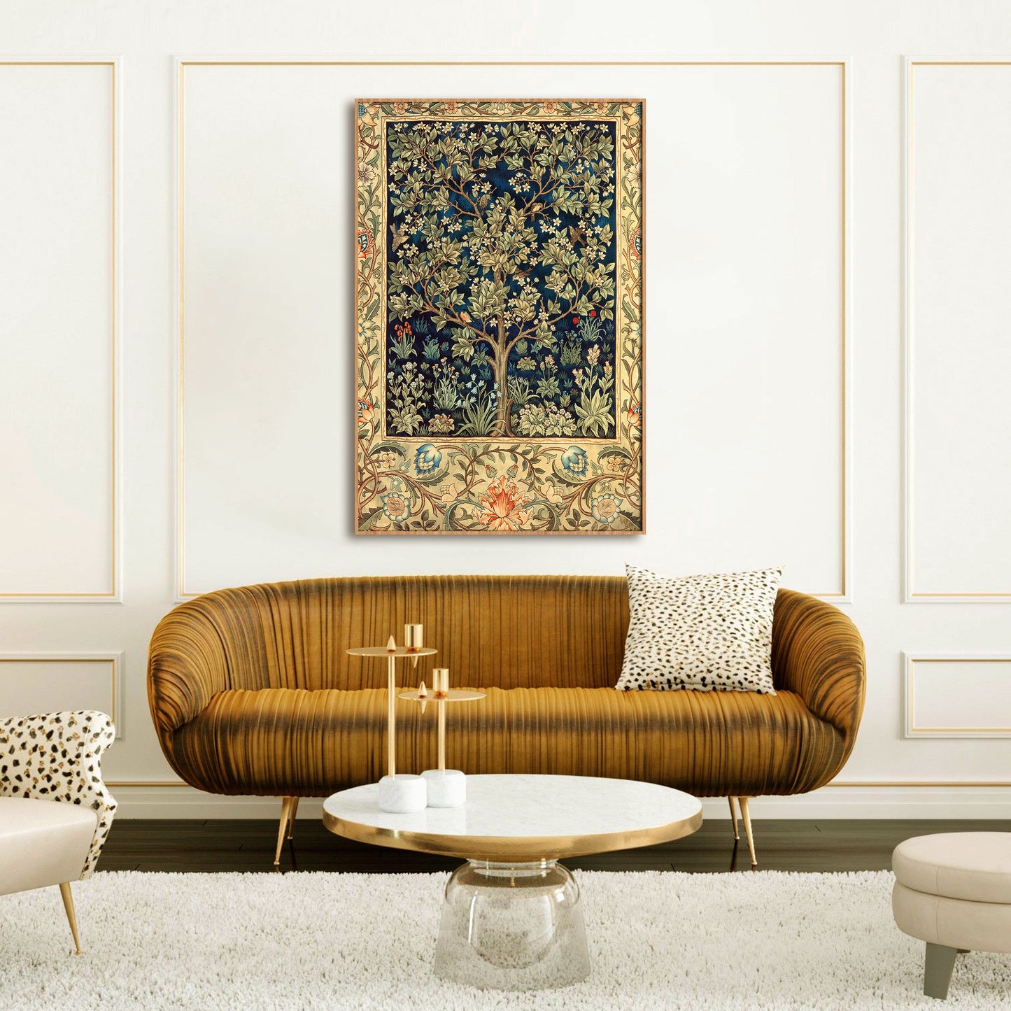 Framed Stretched Canvas Tree of Happiness Wall Art Gold theme Bird prints print