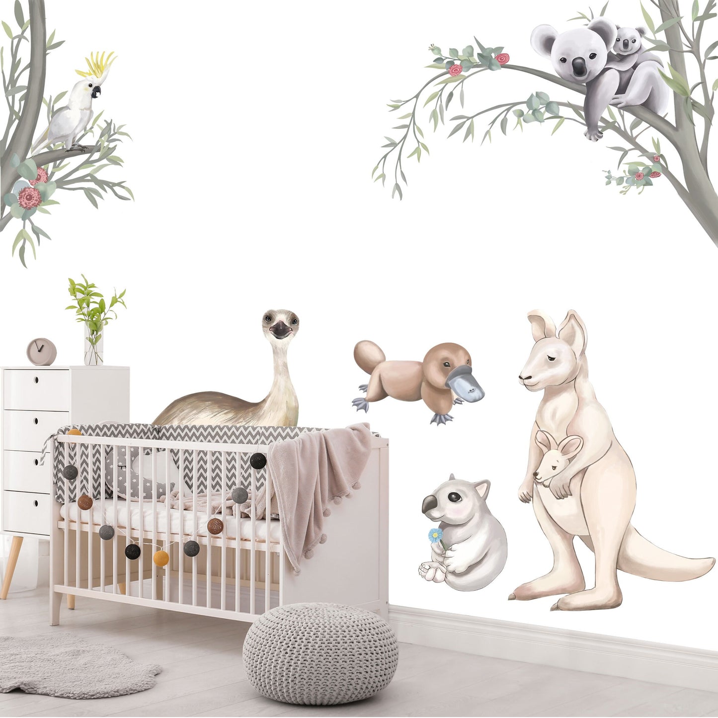 Hand painted Australian Wildlife Wall Decal Kangaroo Koala Cokatoo Wombat Platypus Emu - BR005