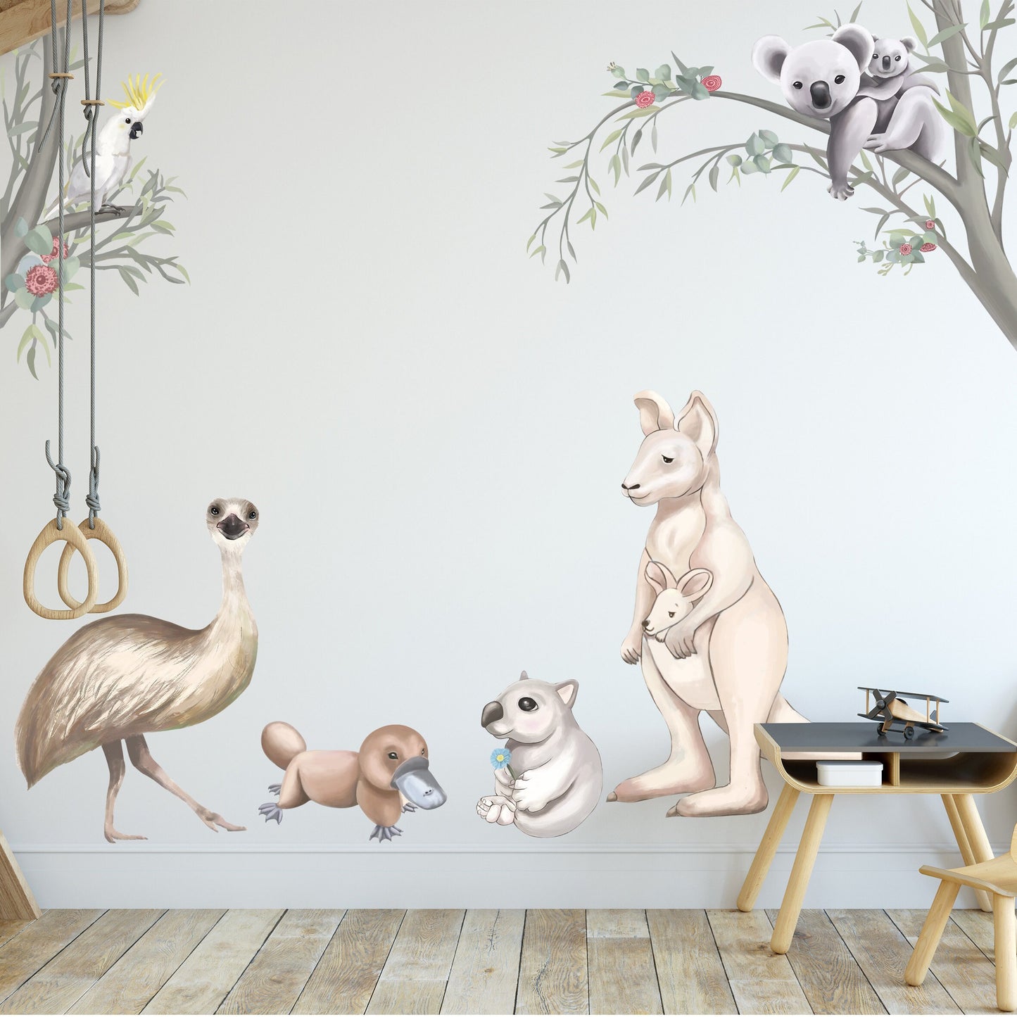 Hand painted Australian Wildlife Wall Decal Kangaroo Koala Cokatoo Wombat Platypus Emu - BR005