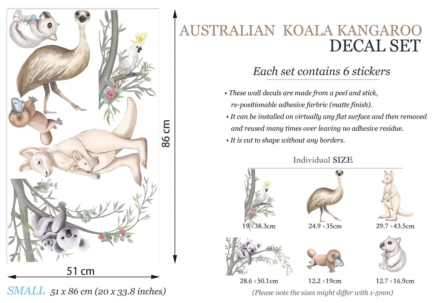 Hand painted Australian Wildlife Wall Decal Kangaroo Koala Cokatoo Wombat Platypus Emu - BR005