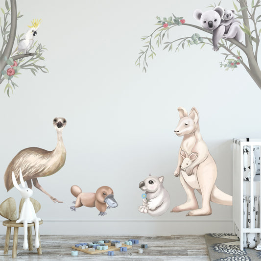Hand painted Australian Wildlife Wall Decal Kangaroo Koala Cokatoo Wombat Platypus Emu - BR005