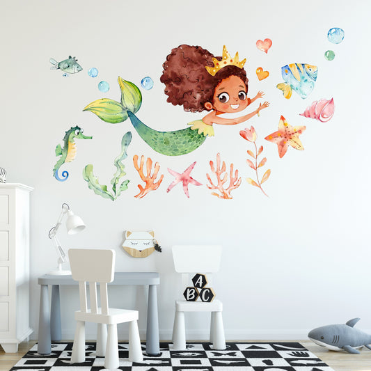 Watercolor Baby Mermaid with Brown Skin Wall Sticker - BR007