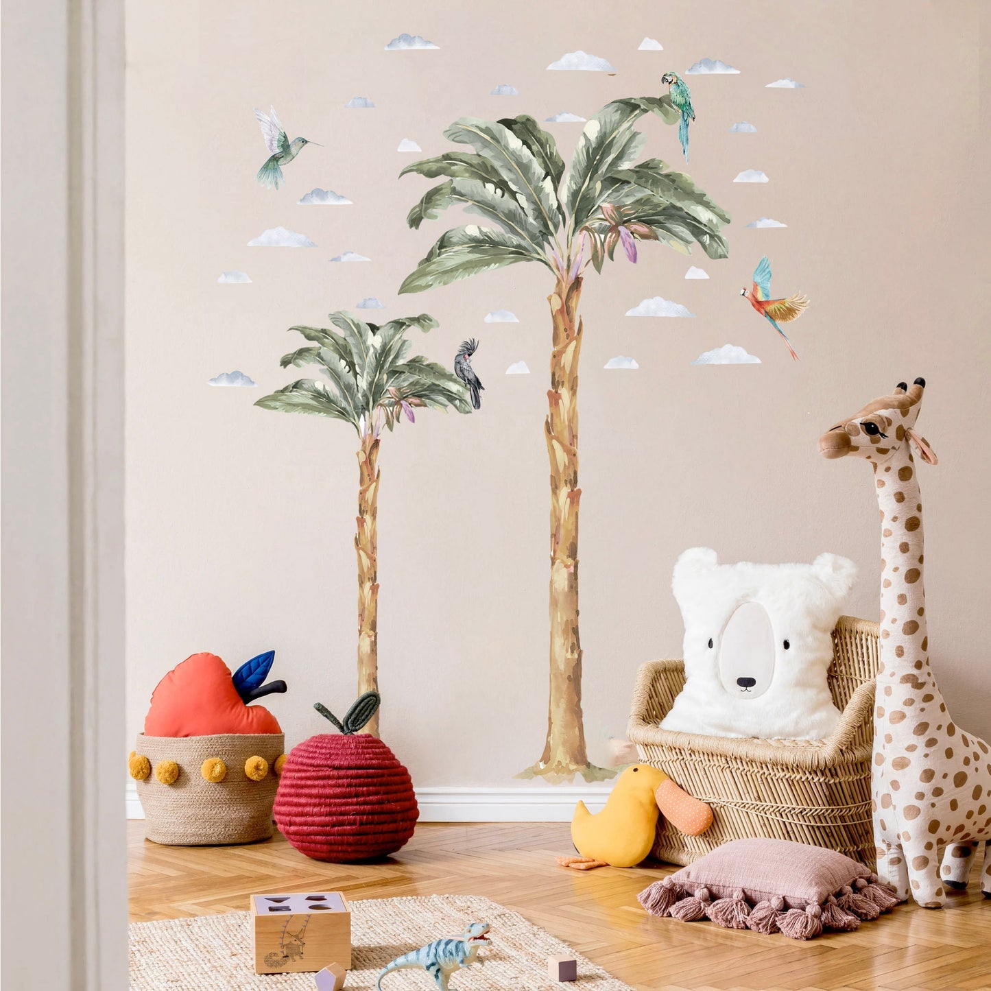 Tropical Plants Paradise Wall Decal - Coconut Trees, Parrots, Clouds in Rainforest - BR029