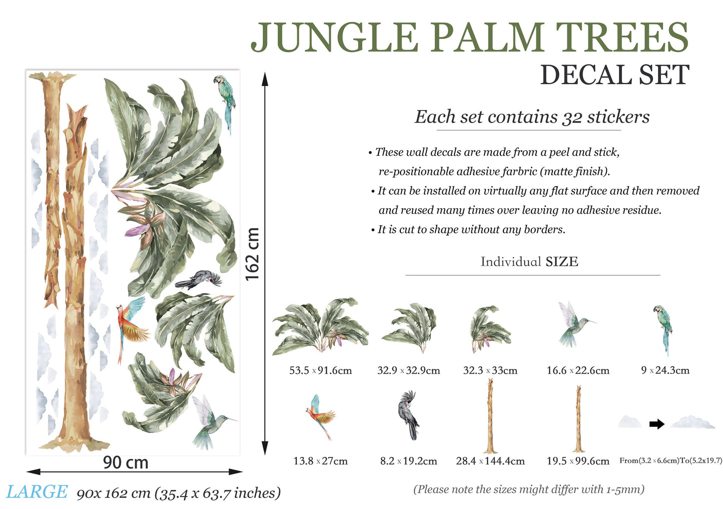 Tropical Plants Paradise Wall Decal - Coconut Trees, Parrots, Clouds in Rainforest - BR029