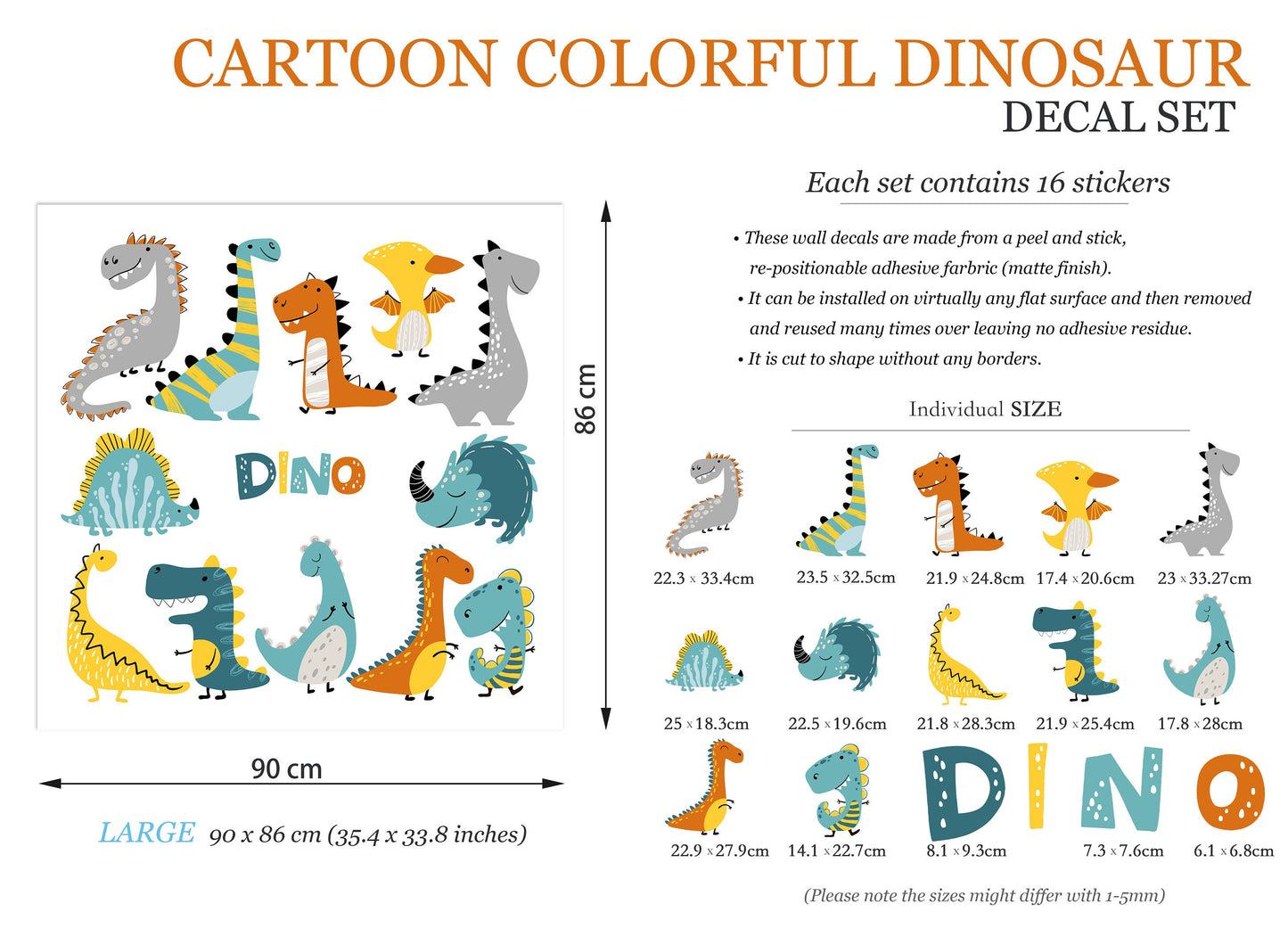 Colorful Baby Dino Flat Design Wall Decal - BR023