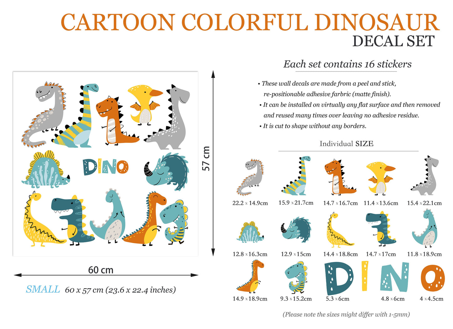 Colorful Baby Dino Flat Design Wall Decal - BR023