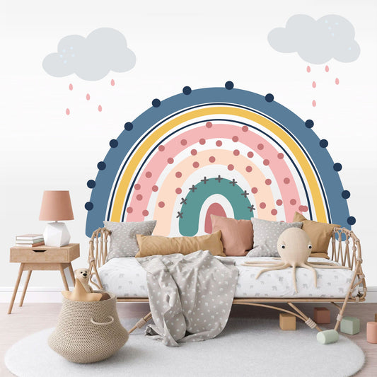 Watercolor Polka Dot Rainbow under Grey Rain Cloud Wall Decals - Girls' Room Decor - BR043