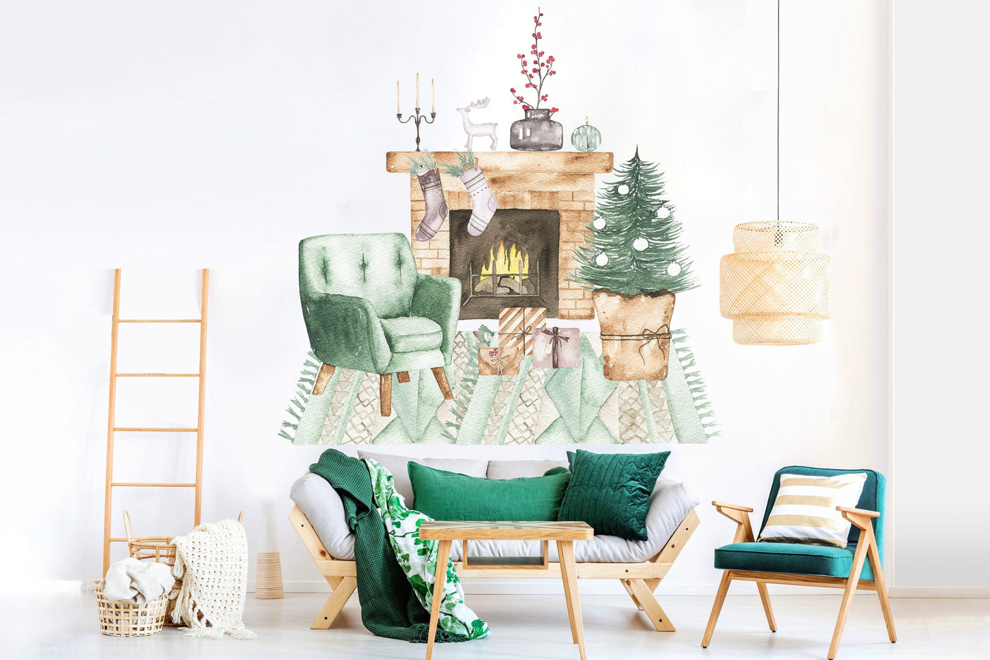 Christmas Scene Fireplace and Tables with Chairs Wall Decal - BR047