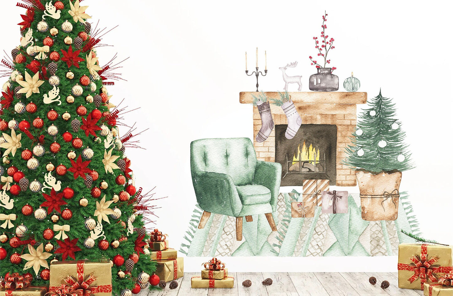 Christmas Scene Fireplace and Tables with Chairs Wall Decal - BR047