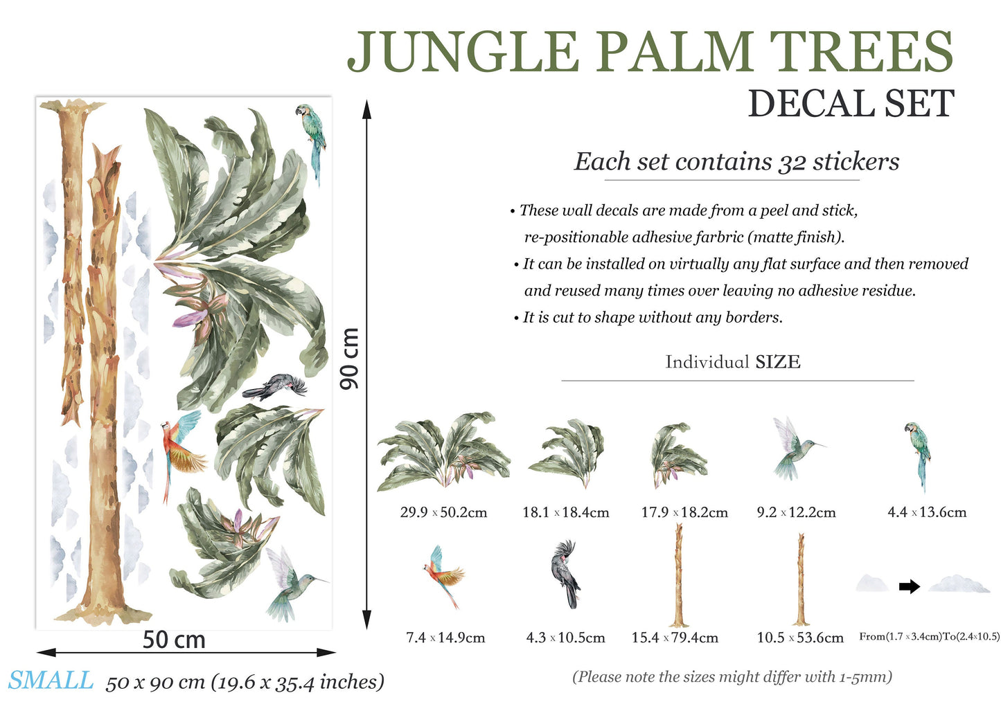 Tropical Plants Paradise Wall Decal - Coconut Trees, Parrots, Clouds in Rainforest - BR029