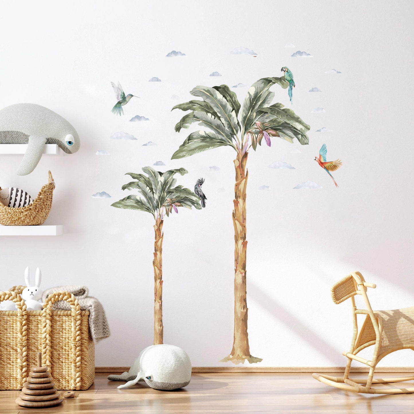 Tropical Plants Paradise Wall Decal - Coconut Trees, Parrots, Clouds in Rainforest - BR029