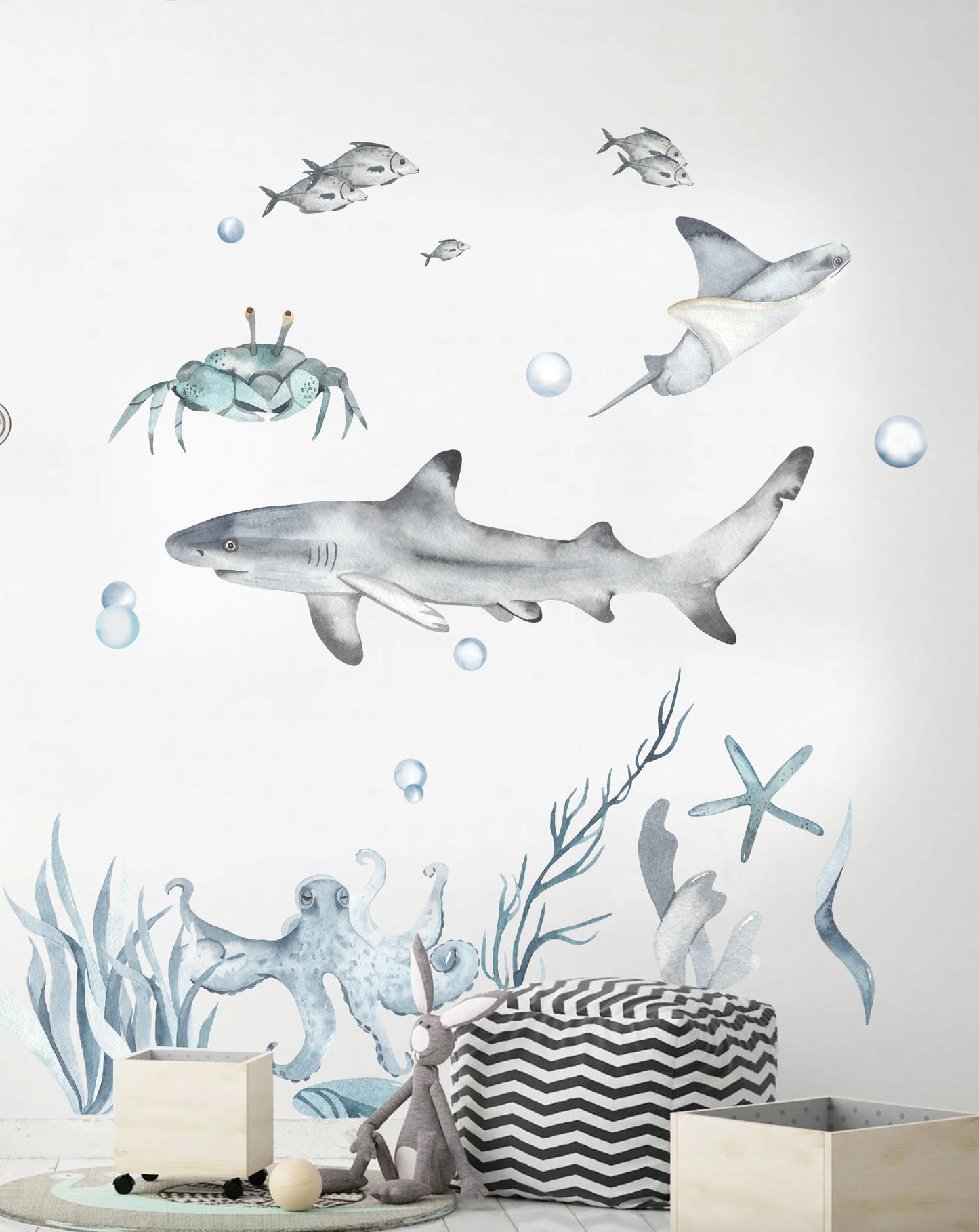 Blue Grey Underwater World Wall Decal - Shark Crab Octopus Jelly Fish - BR033
