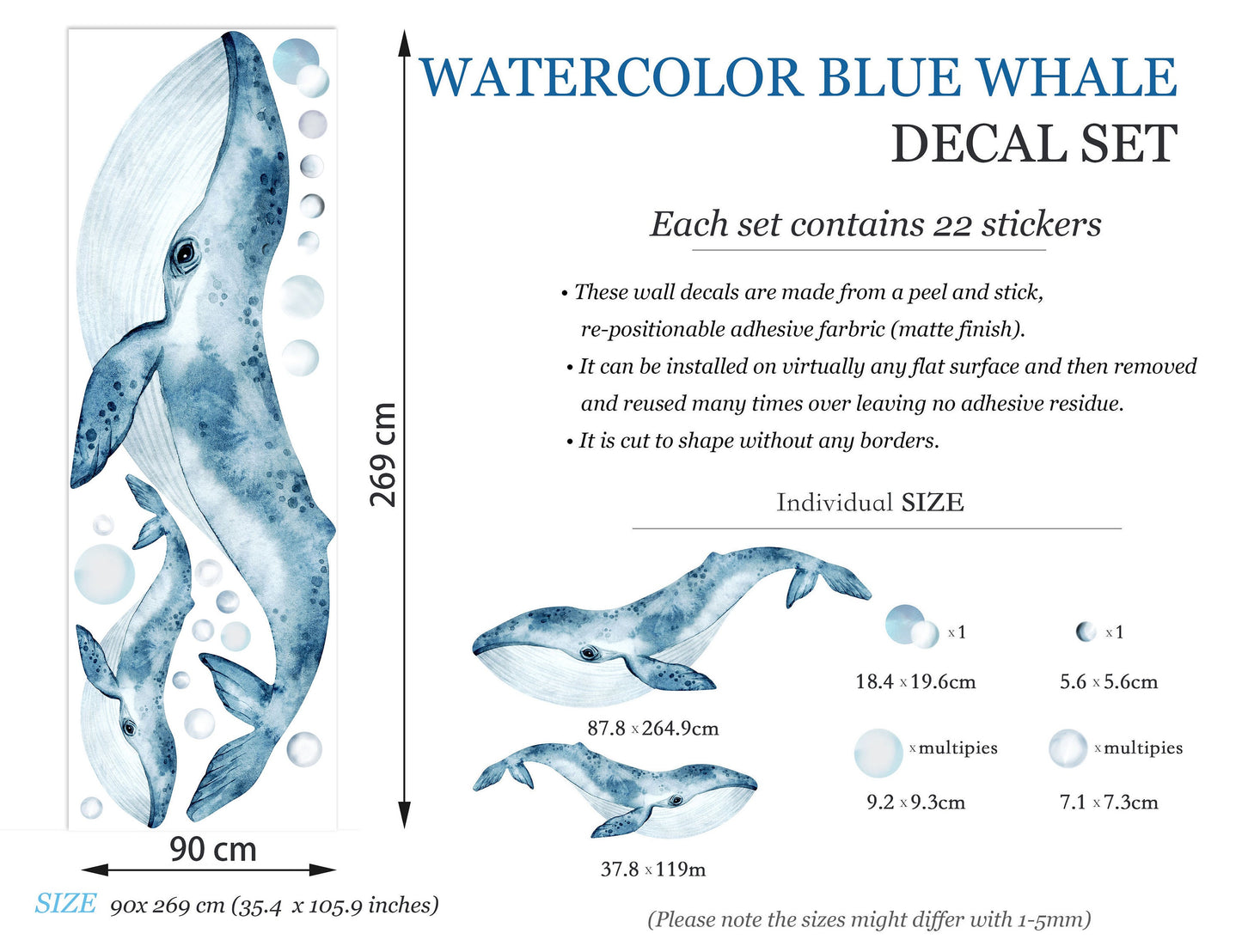 Watercolor Blue Whale Mum with Baby Whale Wall Decal - Removable Peel and Stick - BR017