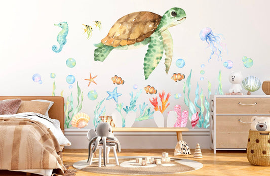 Watercolor Green Turtle in Underwater World Wall Decal - Removable Peel and Stick - BR039