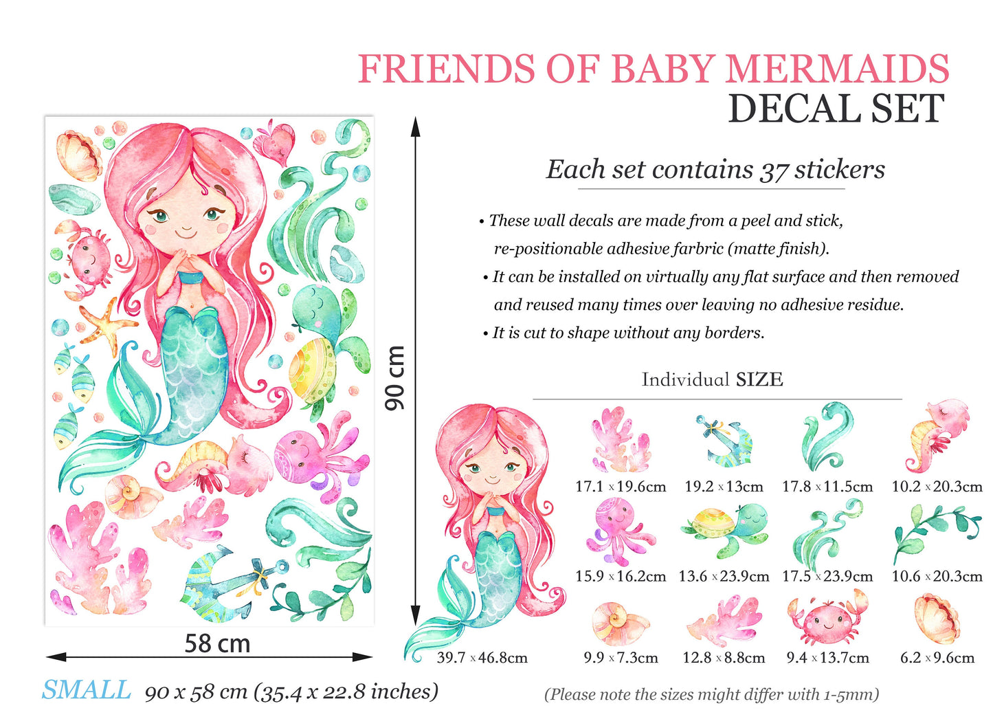 Baby Mermaid with Pink Hair and Sea Creature Friends Wall Decal - BR068