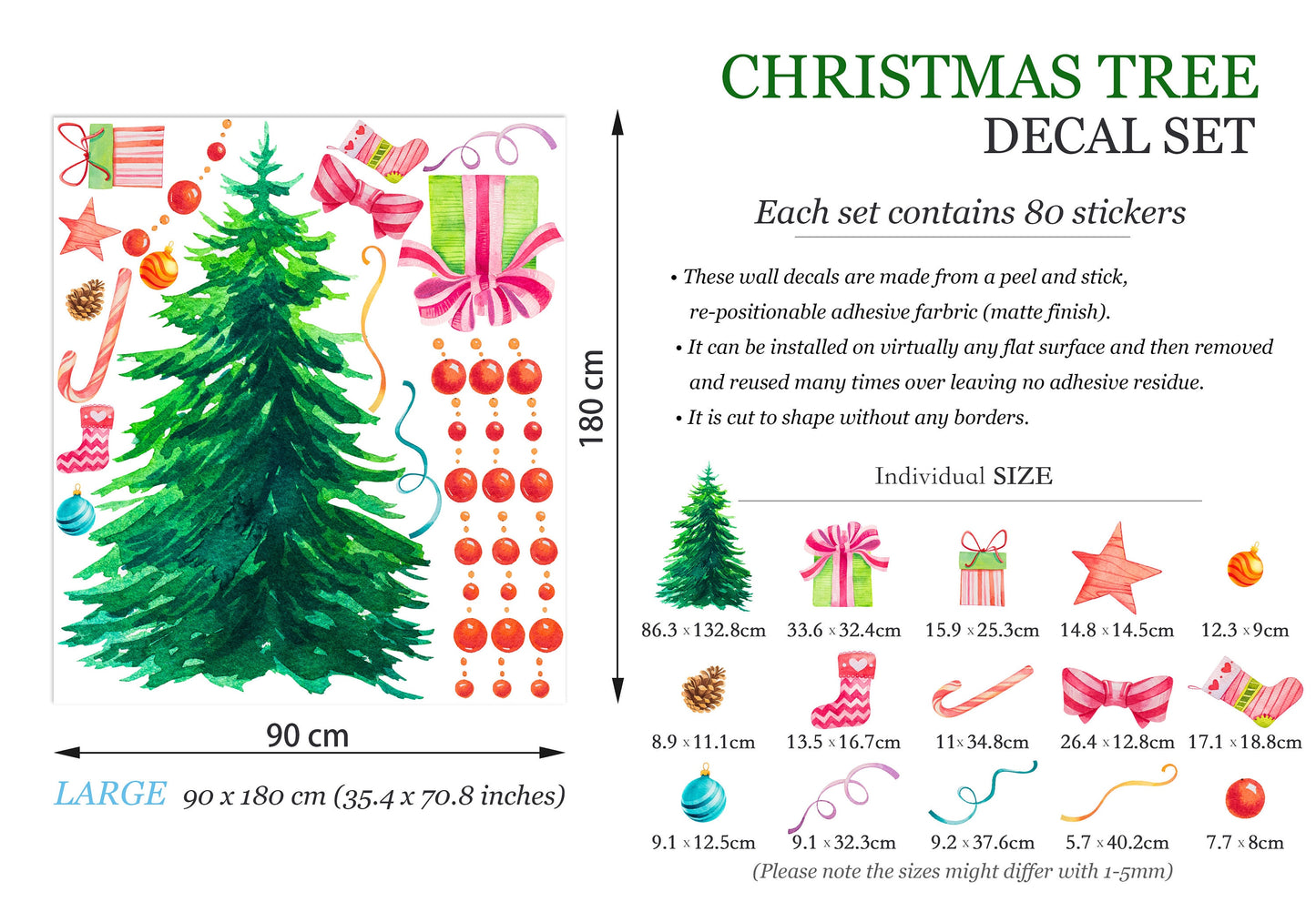 Christmas Tree with Red Ornaments and Gift Boxes Wall Decal - BR046