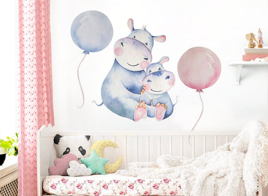 Watercolor Hippo Mom and Baby with Pink and Light Blue Balloons Wall Decals - Girls' Room Decor - BR082