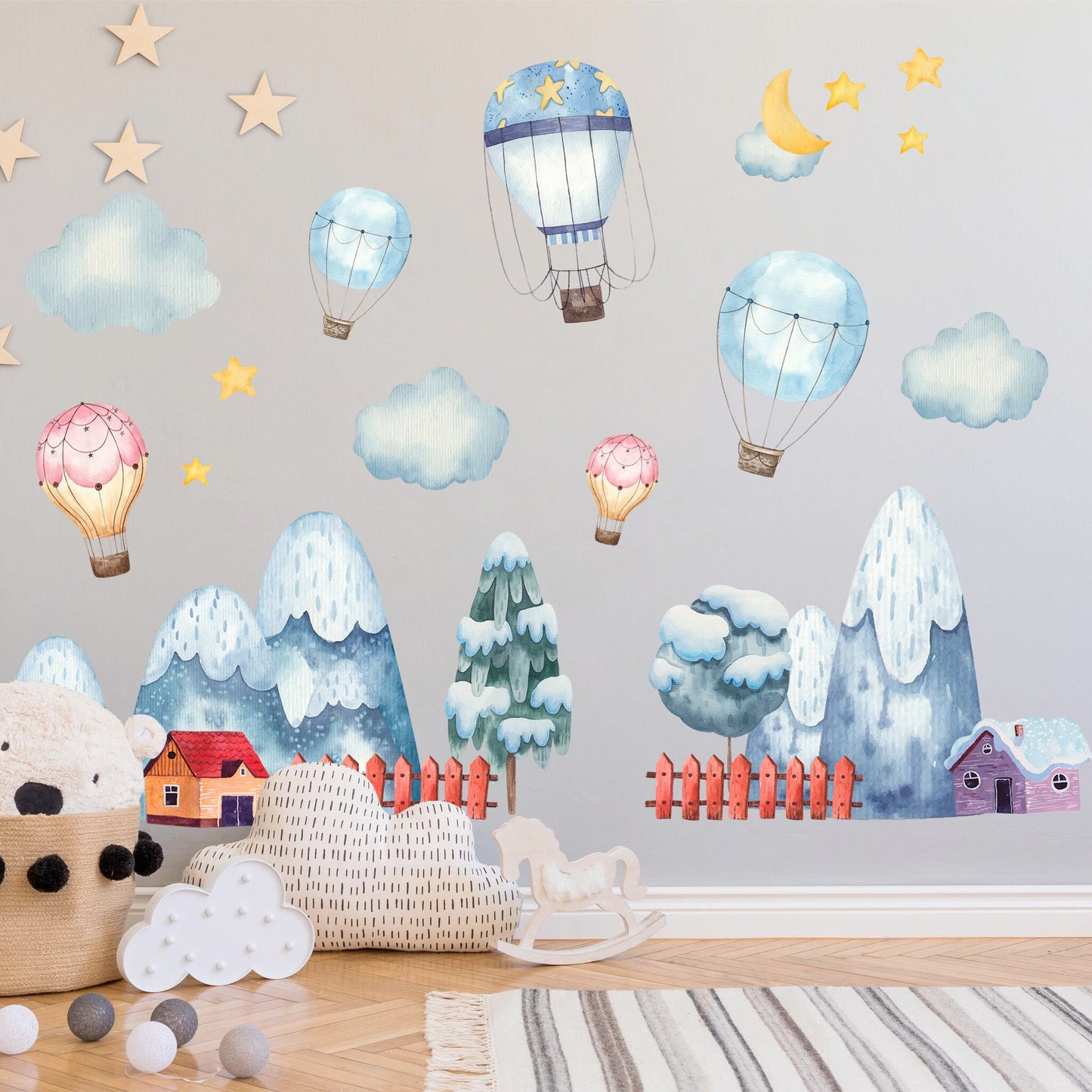Baby Blue and Baby Pink Hot Air Balloons Over Snowy Mountains, Pine Forest, and Clouds Wall Decal - BR086