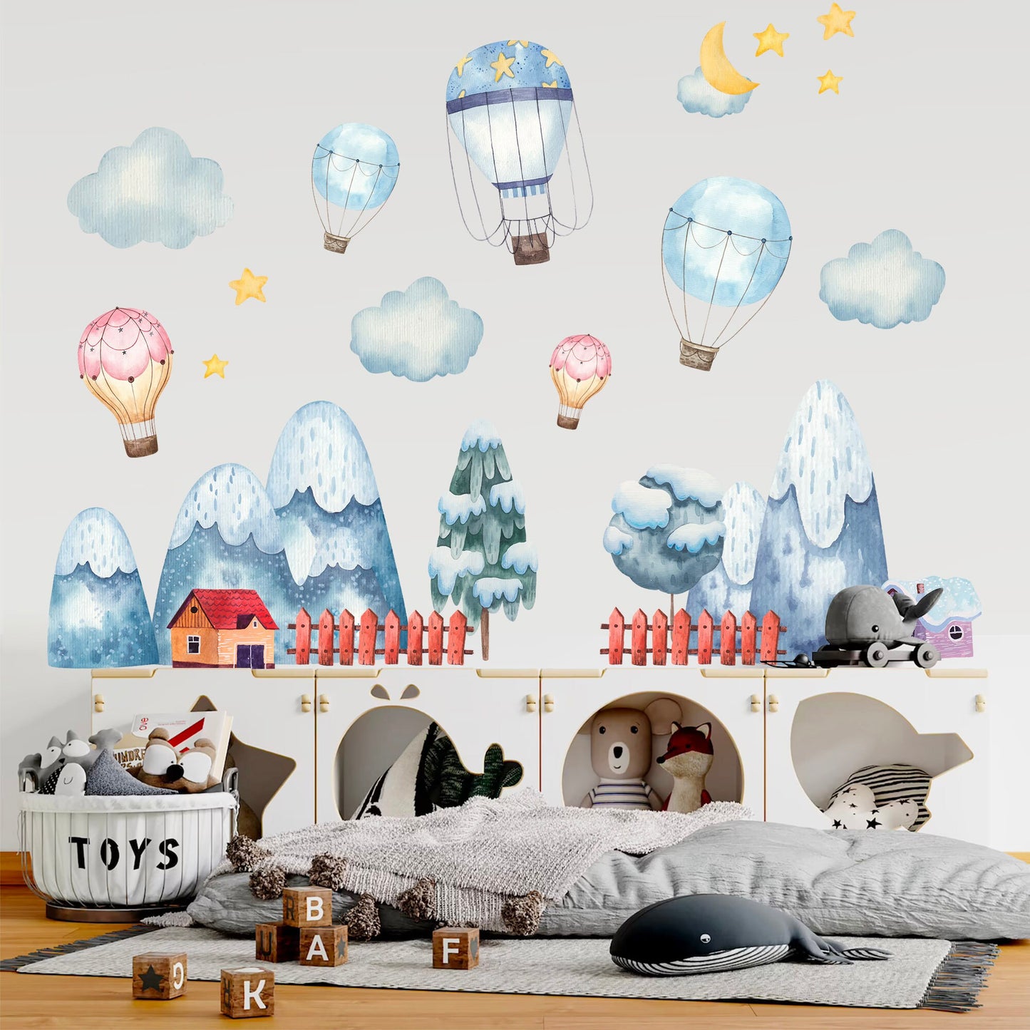 Baby Blue and Baby Pink Hot Air Balloons Over Snowy Mountains, Pine Forest, and Clouds Wall Decal - BR086