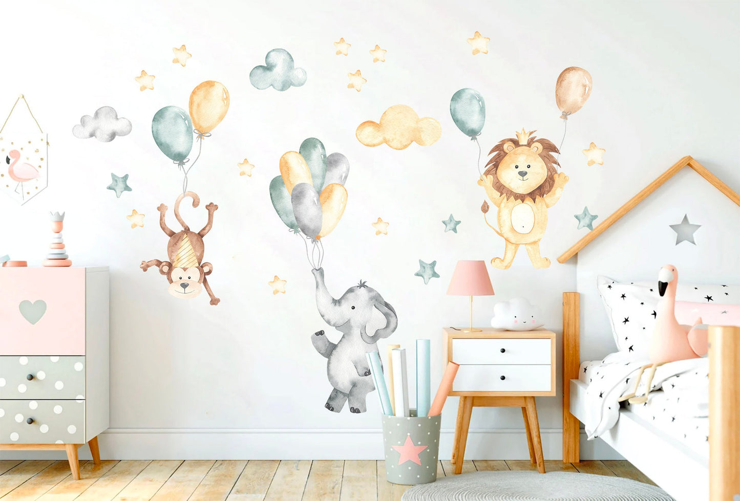 Adventurous Animal Trio Flying with Balloons in Starry Sky Wall Decal - BR087