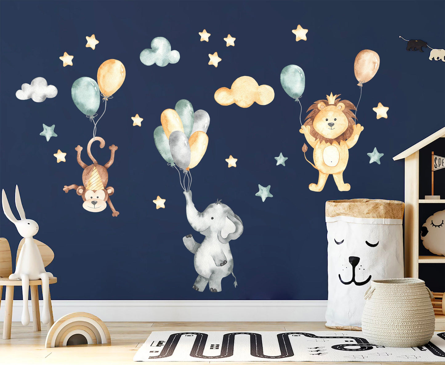 Adventurous Animal Trio Flying with Balloons in Starry Sky Wall Decal - BR087