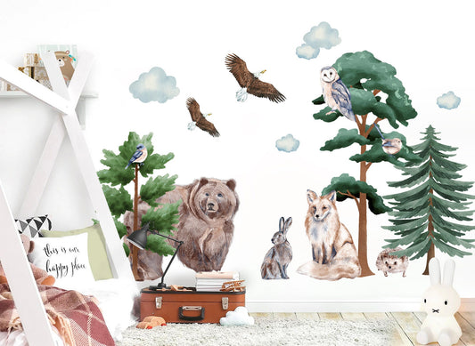 Woodland Friends Gathering: Bear, Fox, Rabbit, Hedgehog, Eagle, Owl Wall Decal - BR089